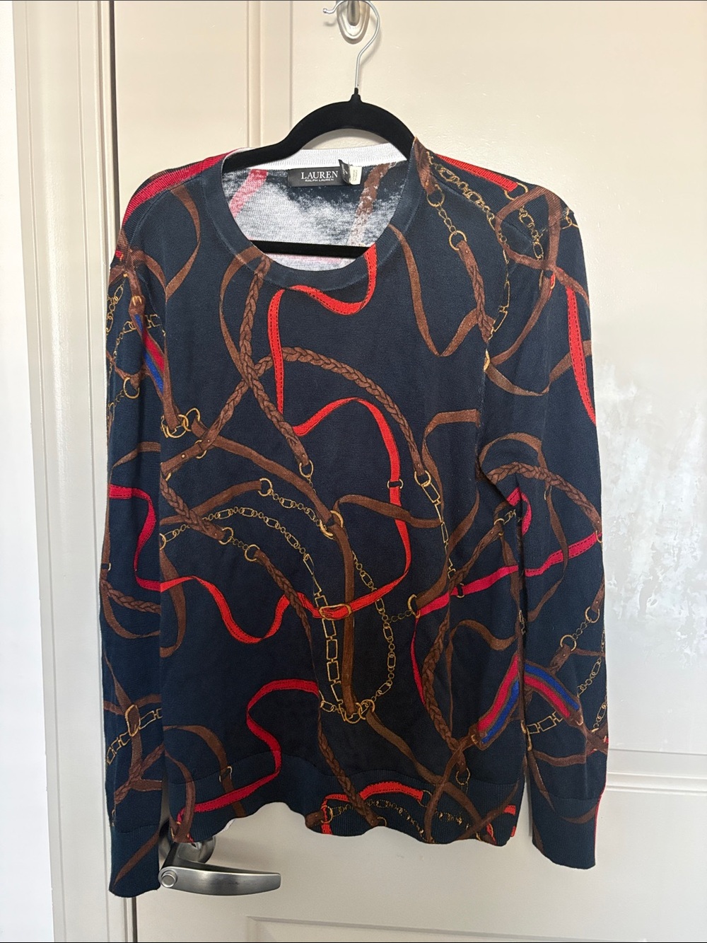 Lauren Ralph Lauren Navy Crewneck Sweater with Rope & Chain Print